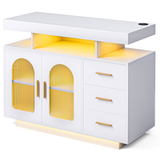 Buffet Sideboard Cabinet With RGB LED Light and Charging Station Console Coffee Bar White - Front View