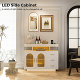 Buffet Sideboard Cabinet With RGB LED Light and Charging Station Console Coffee Bar White - Top-Down View