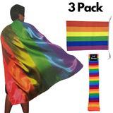 3x Set Rainbow Leg Warmers + Deluxe Cape + Bunting Flag Lesbian Gay Costume - Front View