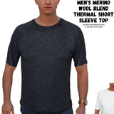 Mens Merino Wool Blend Thermal Top Short Sleeve Base Layer Warm - Black - L