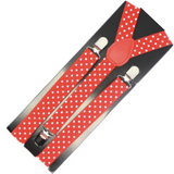 Red and White Polka Dot Adjustable Braces for Men and Women - Durable Clip-On Elastic for Formal Events - Front View