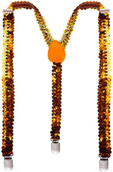 SEQUIN SUSPENDERS Unisex Adjustable Braces Clip On Elastic Y-Back  - Orange - Front View