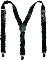Unisex Sequin Y-Back Clip-On Suspenders - Adjustable Braces in Black - Front View