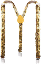 SEQUIN SUSPENDERS Unisex Adjustable Braces Clip On Elastic Y-Back  - Gold - Front View