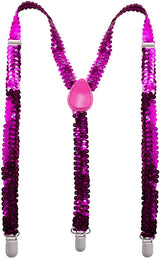 SEQUIN SUSPENDERS Unisex Adjustable Braces Clip On Elastic Y-Back  - Hot Pink - Front View