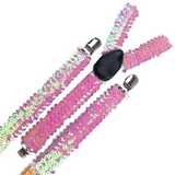 SEQUIN SUSPENDERS Unisex Adjustable Braces Clip On Elastic Y-Back  - Light Pink - Front View