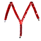 SEQUIN SUSPENDERS Unisex Adjustable Braces Clip On Elastic Y-Back  - Red - Front View