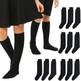 Bulk Pack of 12 Cotton Rich Knee High Socks for Kids - Black - Ages 10-12 (Size 2-8) - Front View