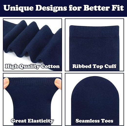 12-Pack Navy Knee High Socks for Kids - Cotton Blend, Boys & Girls School Uniforms, Size 13-3 (Ages 8-10)