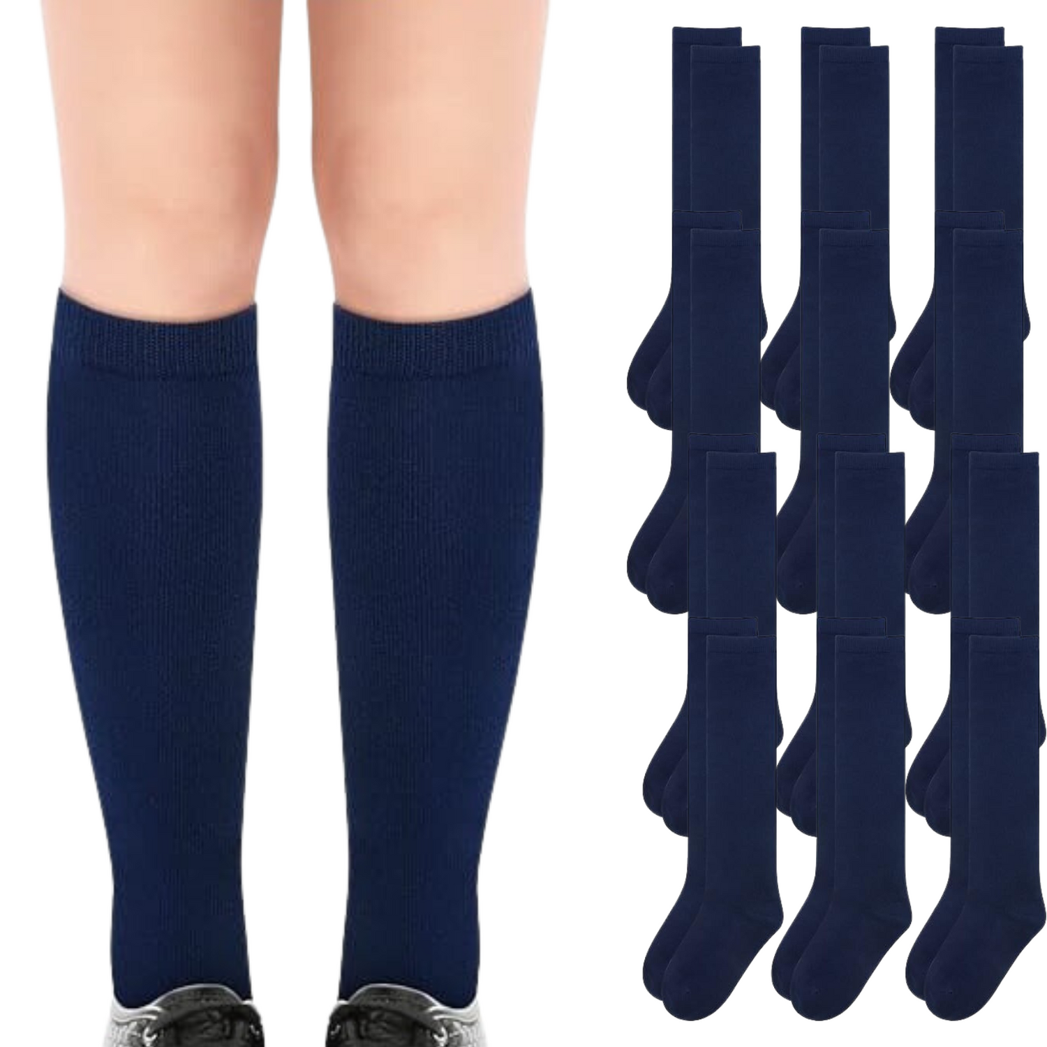 12-Pack Navy Knee High Socks for Kids - Cotton Blend, Boys & Girls School Uniforms, Size 13-3 (Ages 8-10)