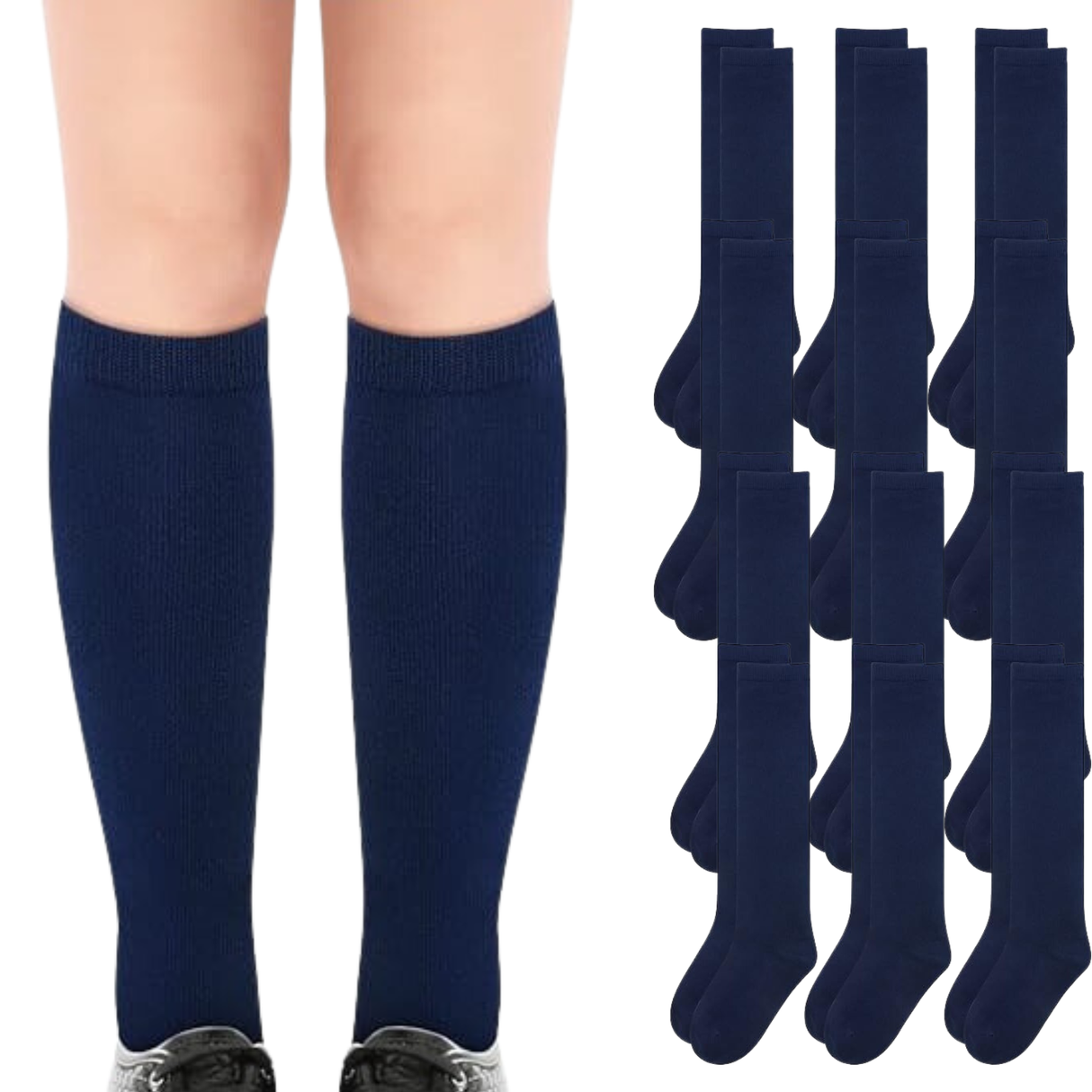 Bulk Pack of 12 Navy Knee High Cotton Socks for School Uniforms - Kids 2-8 Years (10-12 Years Old)