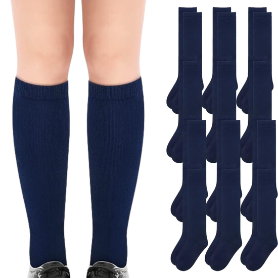 Bulk Pack of 12 Navy Knee High Socks for Kids - Cotton Rich, Unisex, Sizes 6-11 (Ages 12+)