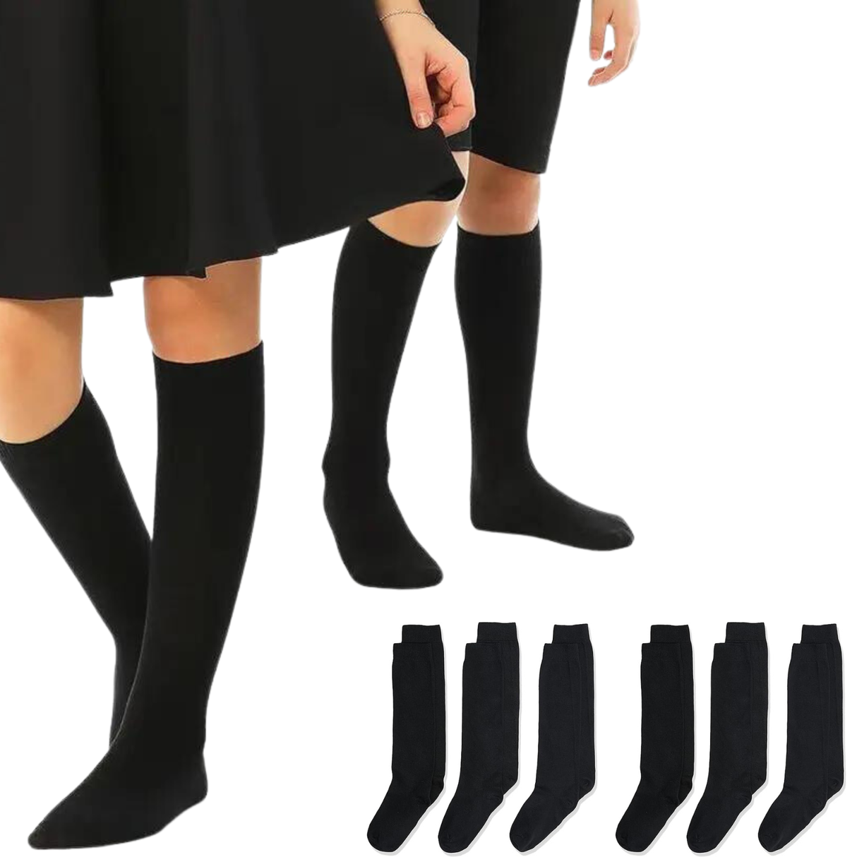 6 Pairs of Stylish Black Knee High Socks for School Uniforms  Cotton Blend for Kids (Ages 12+)