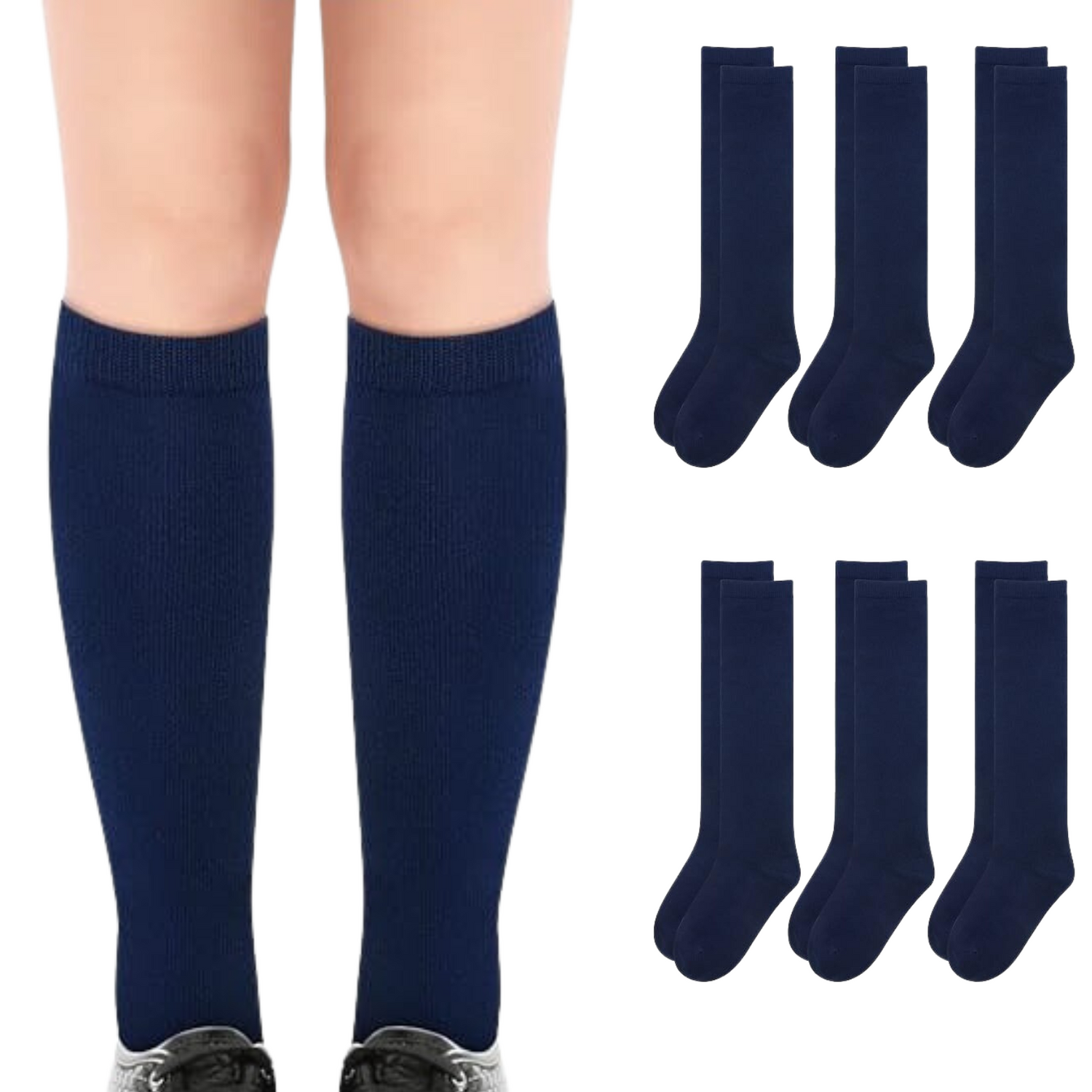 Bulk Pack of 6 Cotton Knee High School Socks for Kids - Navy - Ages 8-10 (Size 13-3)