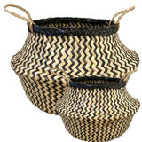 2x ROUND BELLY SEAGRASS STORAGE BASKET Natural Straw Folding - Chevron Black/Natural - Front View