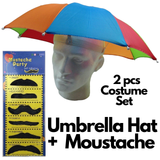 2-pc-Set Rainbow Umbrella Hat + 70s Fake Moustache Costume Props Novelty Fancy - Front View