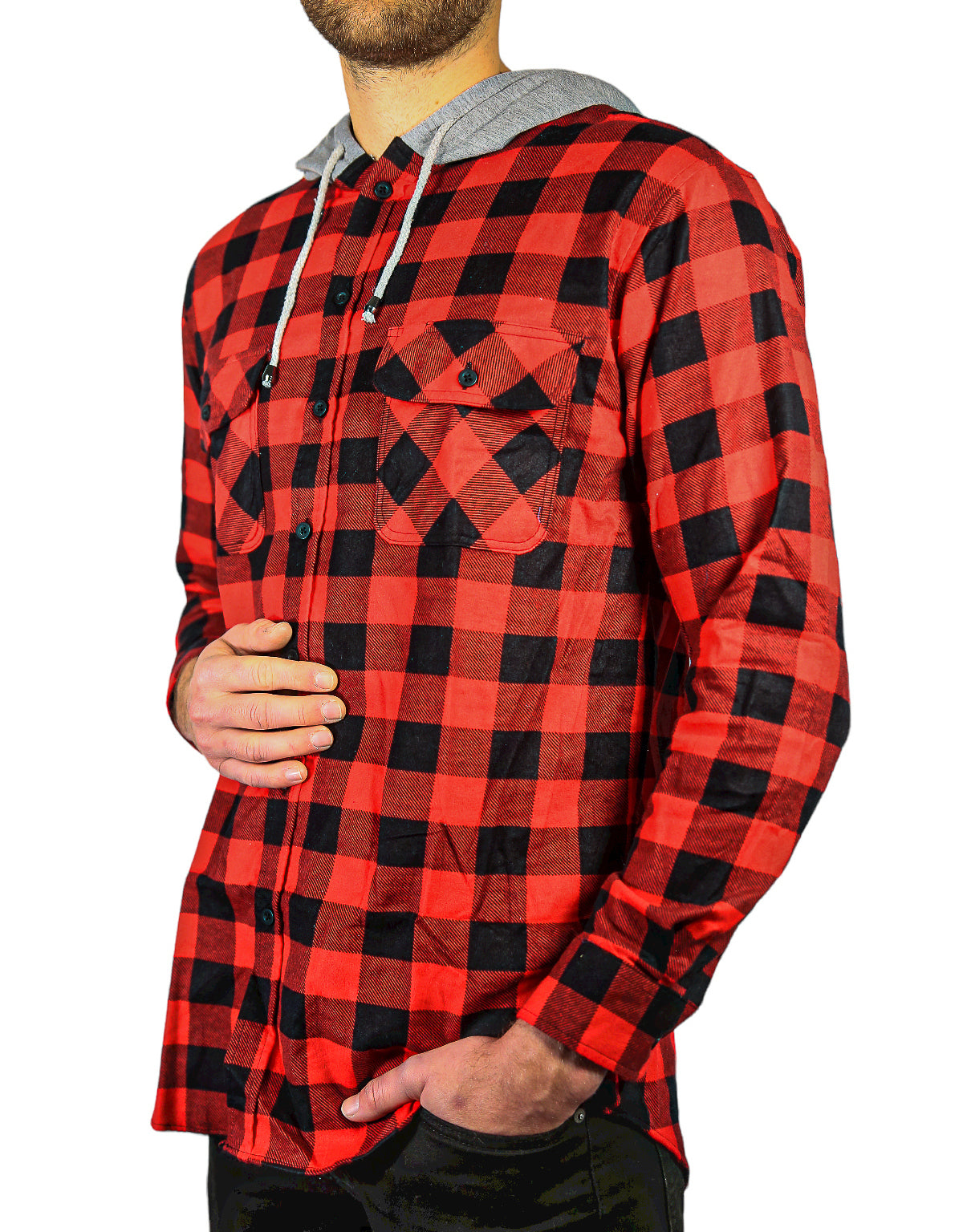 Men's Flannel Shirt with Jersey Hood - Long Sleeve Cotton Flannelette - Red and Black - 4XL