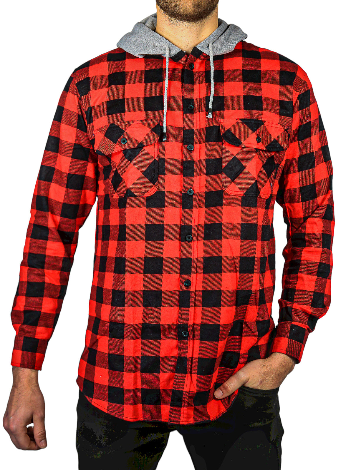 Men's Flannel Shirt with Jersey Hood - Long Sleeve Cotton Flannelette - Red and Black - 4XL