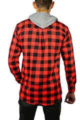 Men's Flannel Shirt with Jersey Hood - Long Sleeve Cotton Flannelette - Red and Black - 4XL