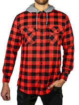 Men's Hooded Flannelette Shirt - Long Sleeve Cotton Flannel in Red/Black - Size S