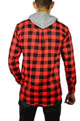 Men's Warm Cotton Flannel Shirt with Hood - Long Sleeve, Red/Black, XXL - Top-Down View