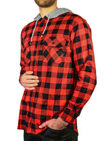 Men's Warm Cotton Flannel Shirt with Hood - Long Sleeve, Red/Black, XXL - 45-Degree Angle
