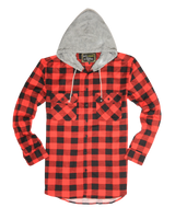 Men's Warm Cotton Flannel Shirt with Hood - Long Sleeve, Red/Black, XXL - Rear View