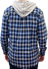Mens Cotton Flannelette Shirt w Jersey Hood Long Sleeve Flannel - Denim - L