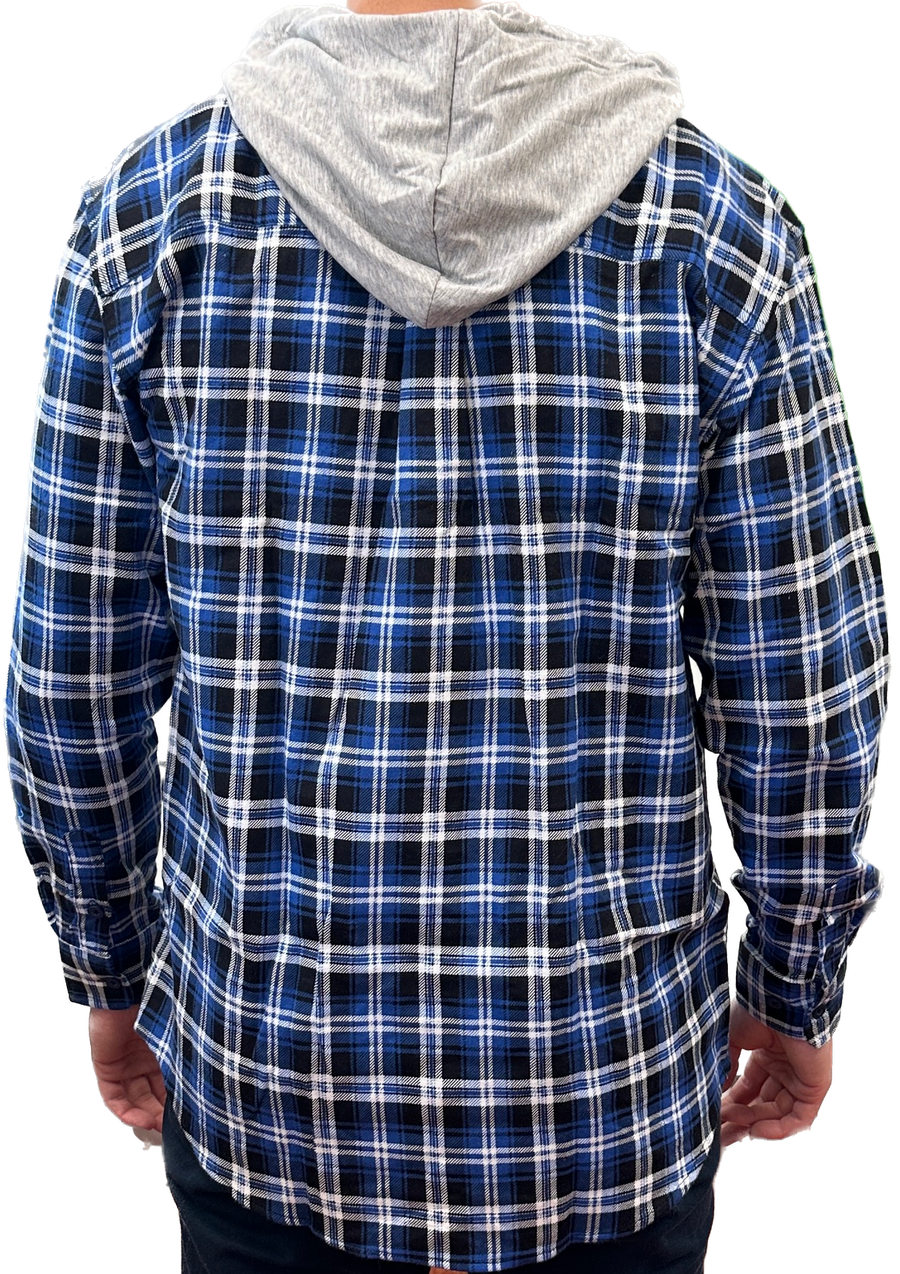 Mens Cotton Flannelette Shirt w Jersey Hood Long Sleeve Flannel - Denim - XL
