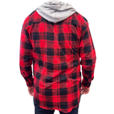 Men's Red Flannel Hoodie Shirt - Long Sleeve Cotton Flannelette - 2XL - Top-Down View
