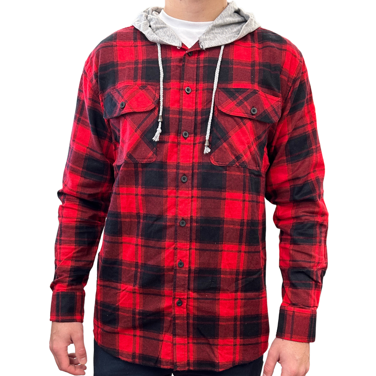 Men's Red Flannel Hoodie Shirt - Long Sleeve Cotton Flannelette with Pockets - Size L