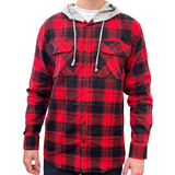 Men's Cozy Flannel Shirt with Jersey Hood - Long Sleeve - Red - Size M - Front View