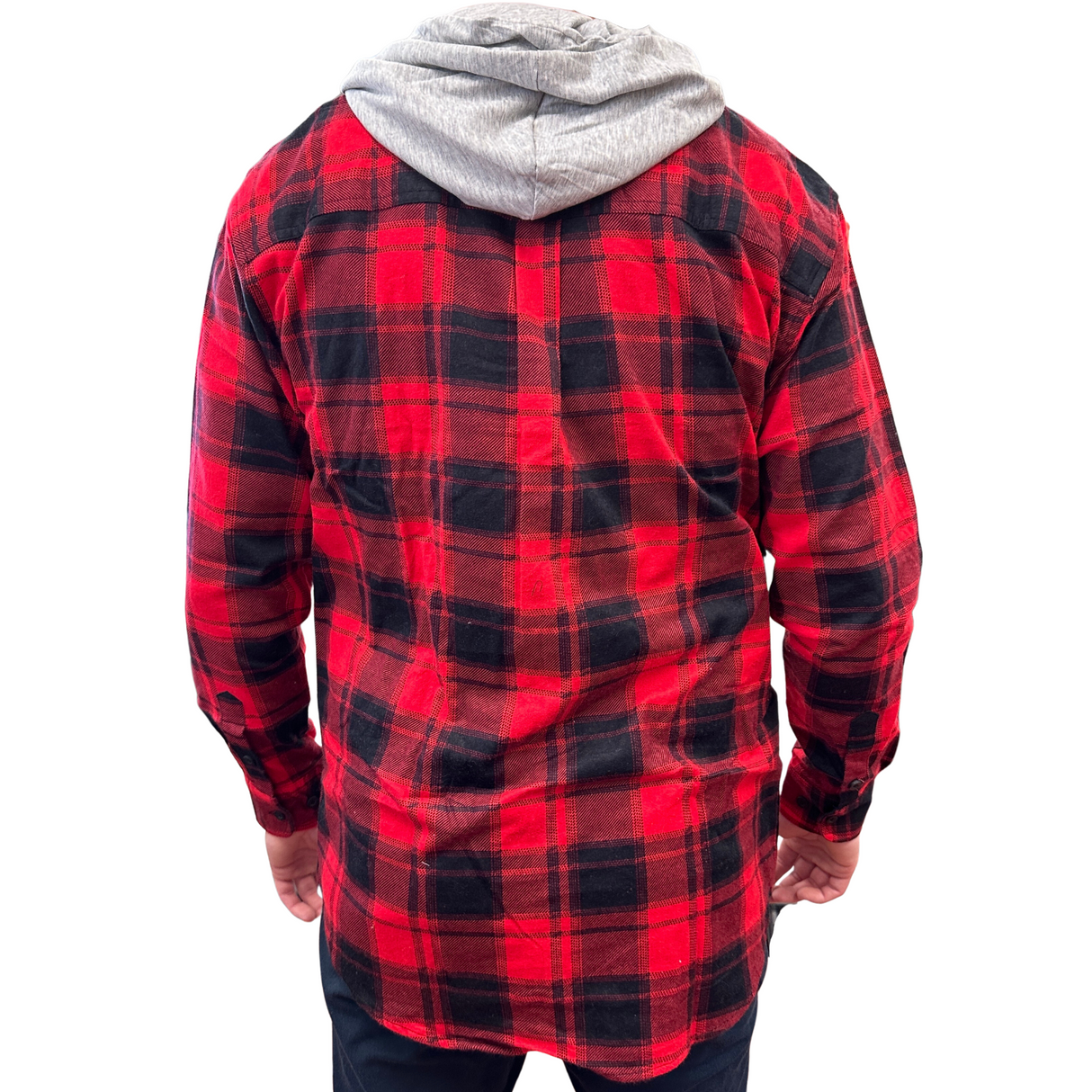 Men's Cozy Flannel Shirt with Jersey Hood - Long Sleeve - Red - Size M