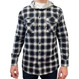 Men's Hooded Flannelette Shirt with Jersey Hood - Long Sleeve Cotton Flannel - Black - Large - Front View