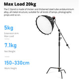 150-330cm Black Heavy Duty C-Stand Adjustable Light Stand Load 20KG Capacity - Front View