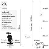 150-330cm Black Heavy Duty C-Stand Adjustable Light Stand Load 20KG Capacity - Side View