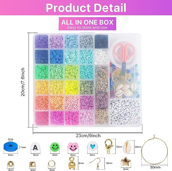 Vibrant 28-Color 6380-Piece Heishi Polymer Clay Bead Jewelry Kit with Smiley Face and Accessories