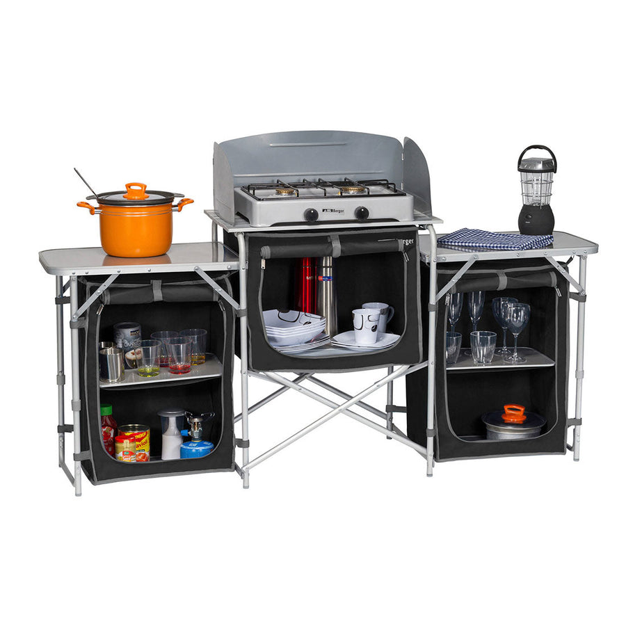Deluxe Aluminium Foldable Camping Kitchen Picnic Cupboard Bench Table Windshield, image 3