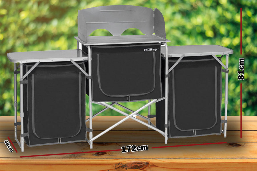 Deluxe Aluminium Foldable Camping Kitchen Picnic Cupboard Bench Table Windshield, image 9