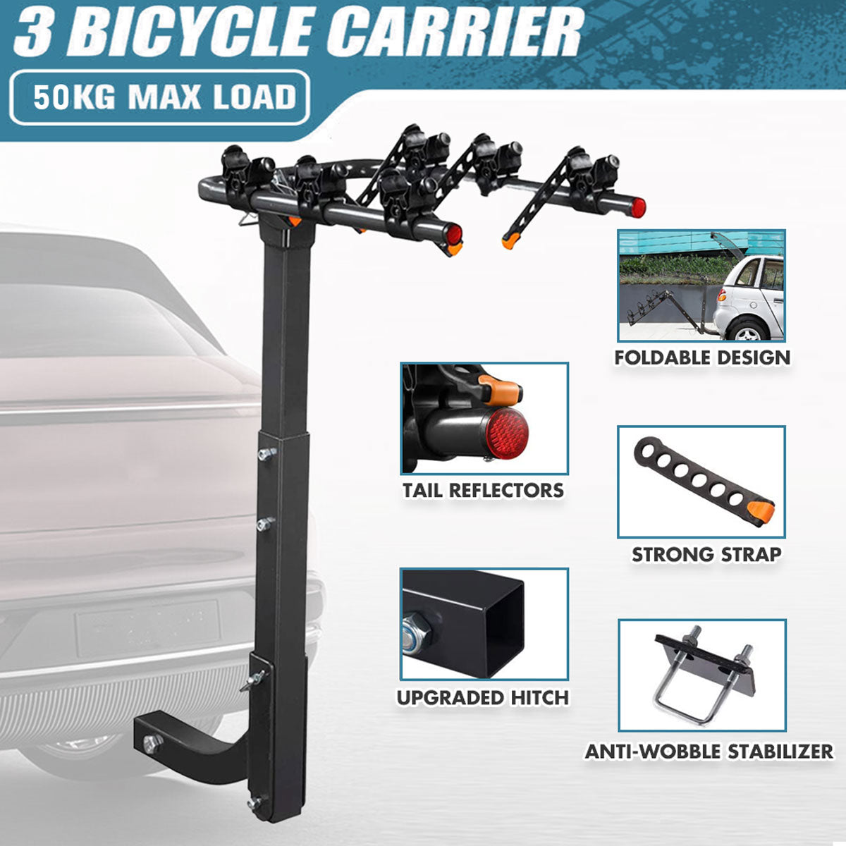 3 Bike Rack Bicycle Car Rear Carrier 2 Steel Foldable Steel Hitch Mount Towbar