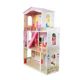 Large Wooden Dolls Doll House 3 Level Kids Pretend Play Toys Full Furniture - Front View