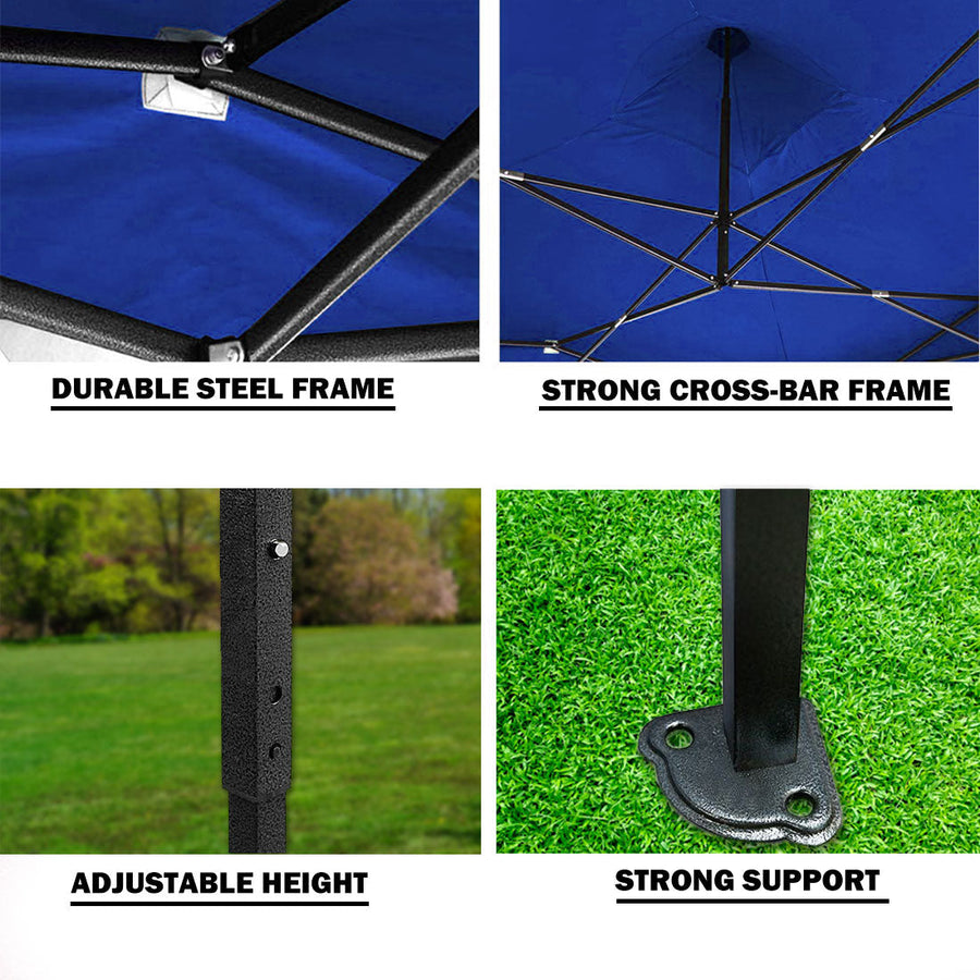 3x3m blue pop up gazebo marquee with side wall and steel frame, 3-side wall