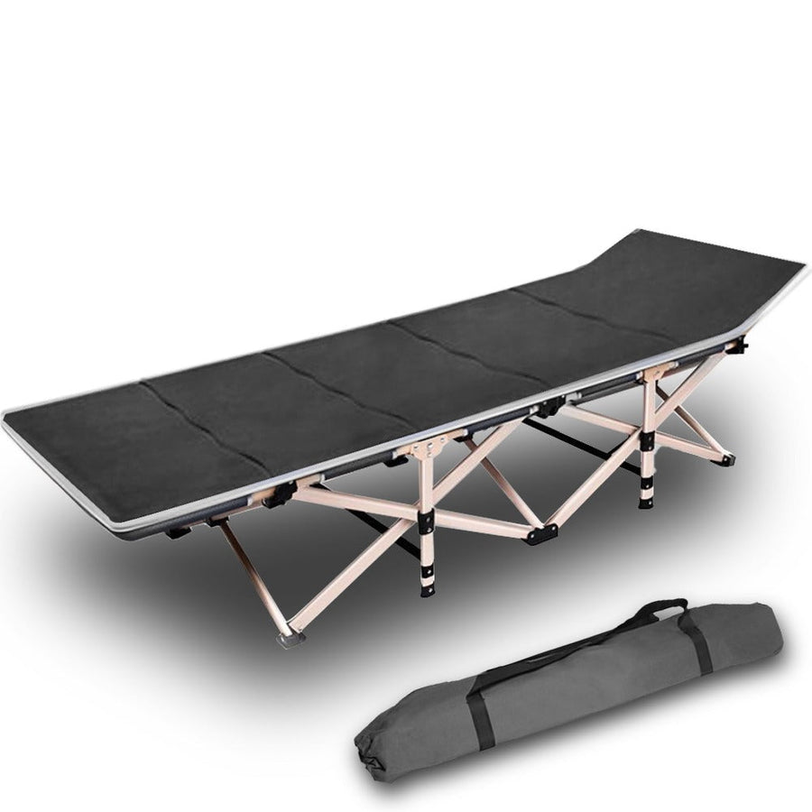 Single folding camping stretcher bed with steel frame, grey