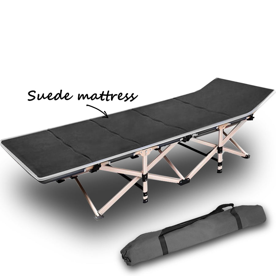 Single folding camping stretcher bed with steel frame, grey, steel tube frame with multi-triangular structure