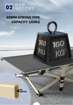 Single folding camping stretcher bed with steel frame, grey, breathable fabric surface