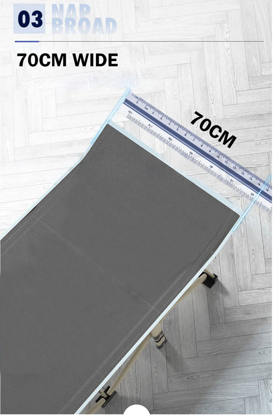 Single folding camping stretcher bed with steel frame, grey, raised head design
