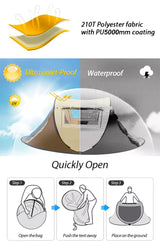 Waterproof Instant Up Beach Camping Tent 3 Person Pop up Tents Family Hiking Dome - Front View