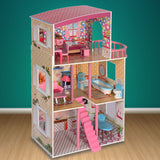 Large Wooden Girls Doll House 3 Level Kids Pretend Play Toys Furniture Dollhouse - Top-Down View