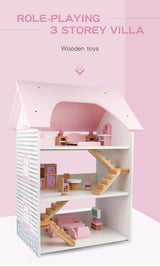 Wooden DIY Dolls Doll House 3 Level Kids Pretend Play Toys Full Furniture Set Pink - Front View