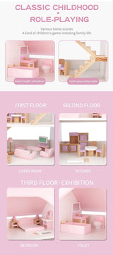 Wooden DIY Dolls Doll House 3 Level Kids Pretend Play Toys Full Furniture Set Pink - Top-Down View